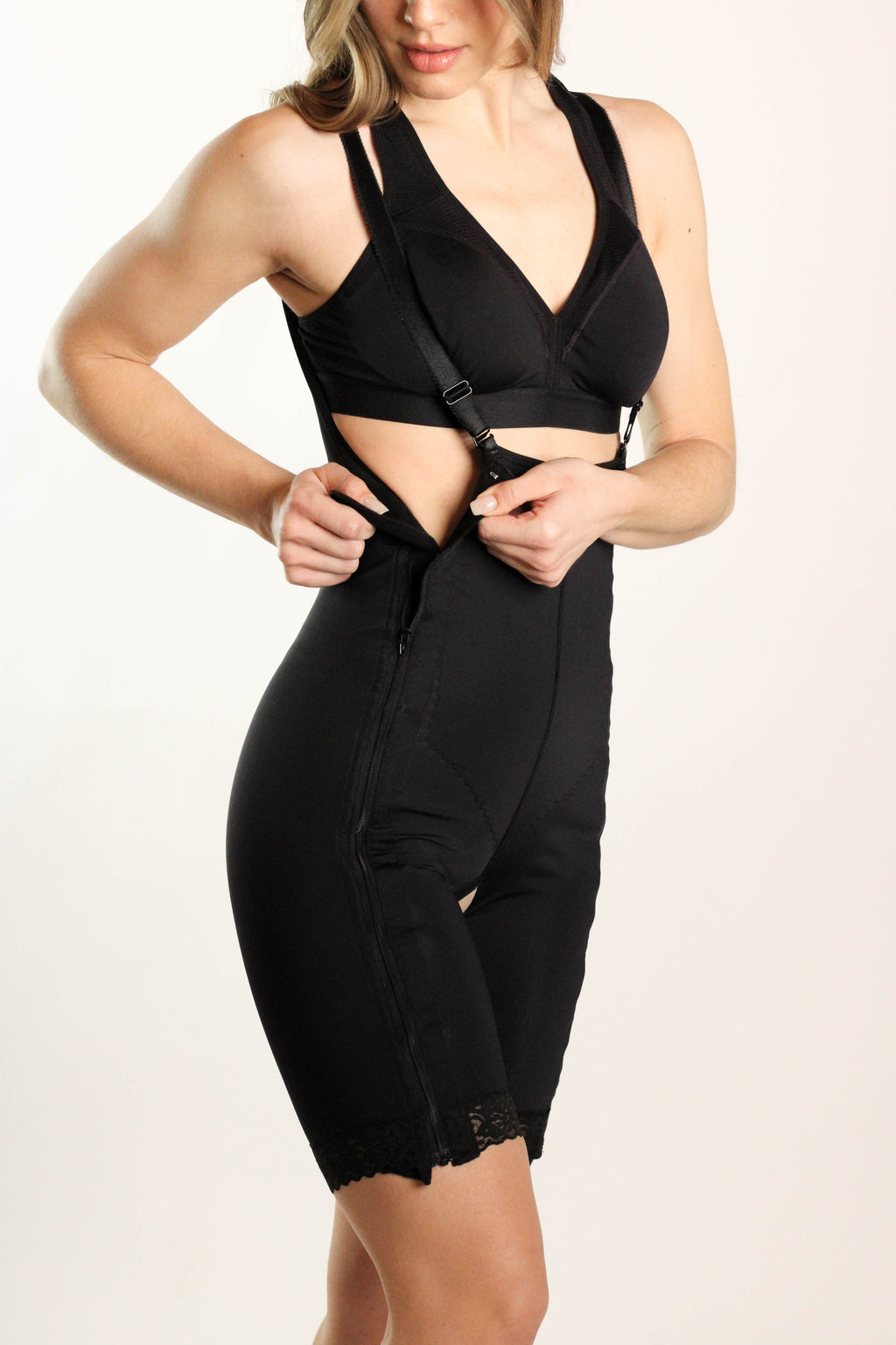 Mid-Thigh Body Garment with Suspenders & Full-Length Zippers – ContourMD (Style 34FLZ)